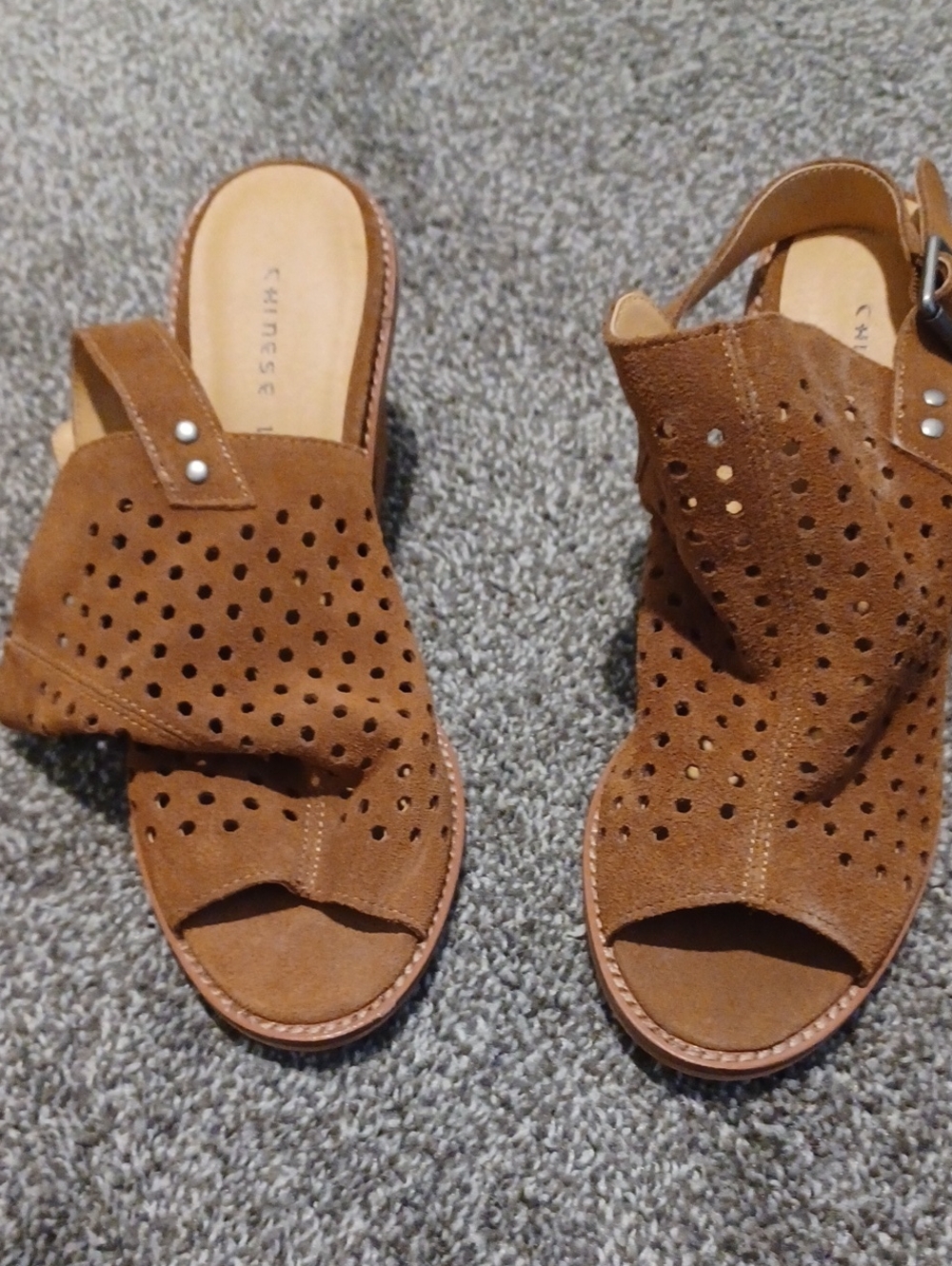 Chinese Laundry Tan Perforated Suede Slingback Mules